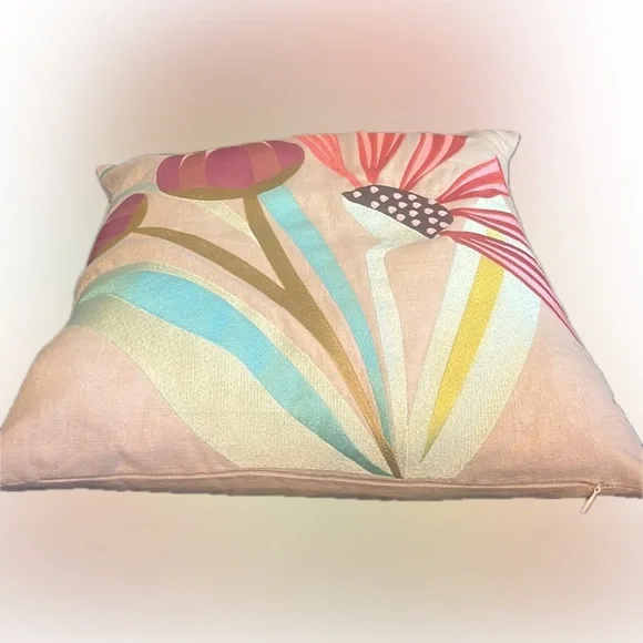 IZA Pearl Design “Garden Party” floral embroidered linen pillow-16”x16”-NWT